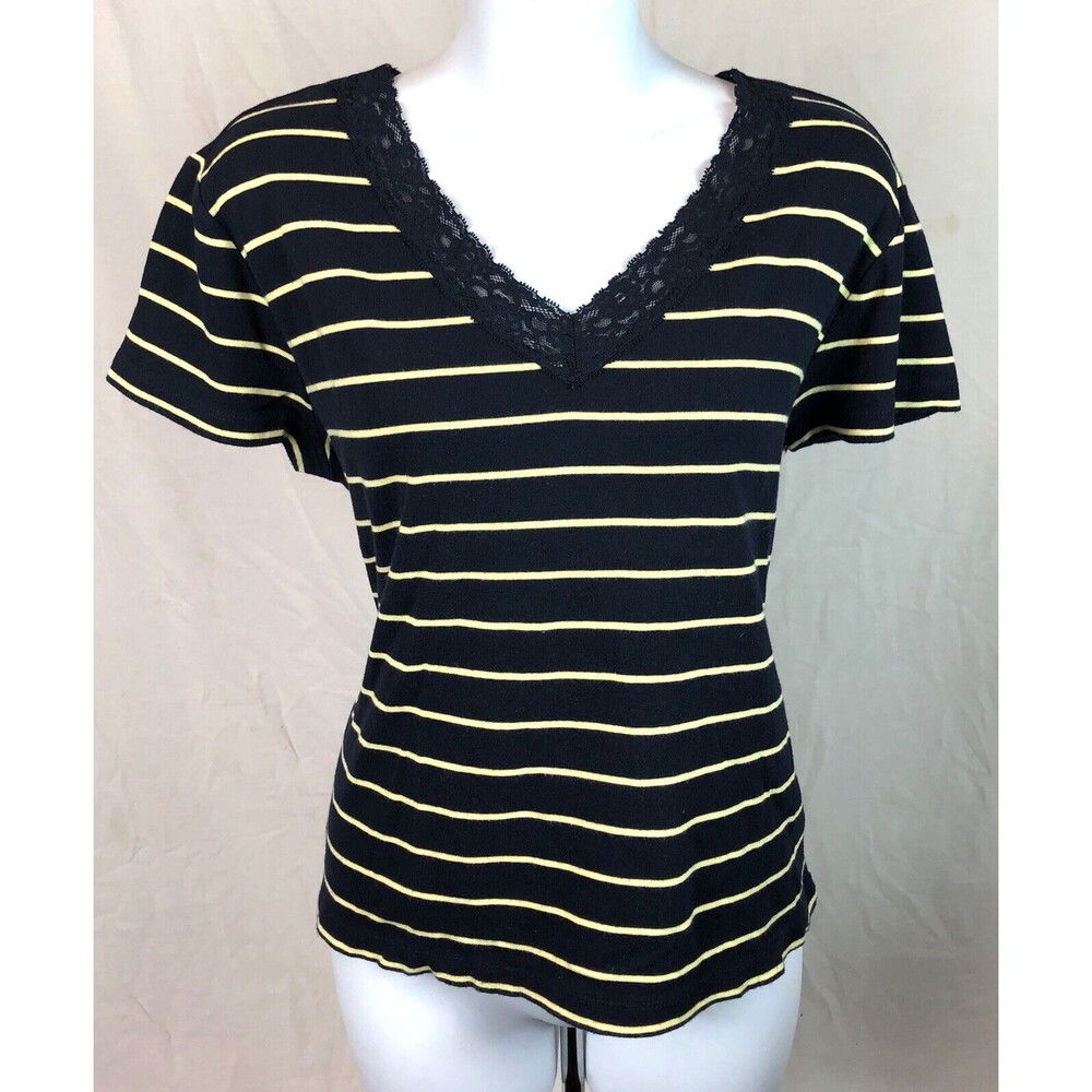 Vintage Ralph Lauren Top XL Blue/yellow Stripe Lace V-neck Tee 90s Y2K preppy